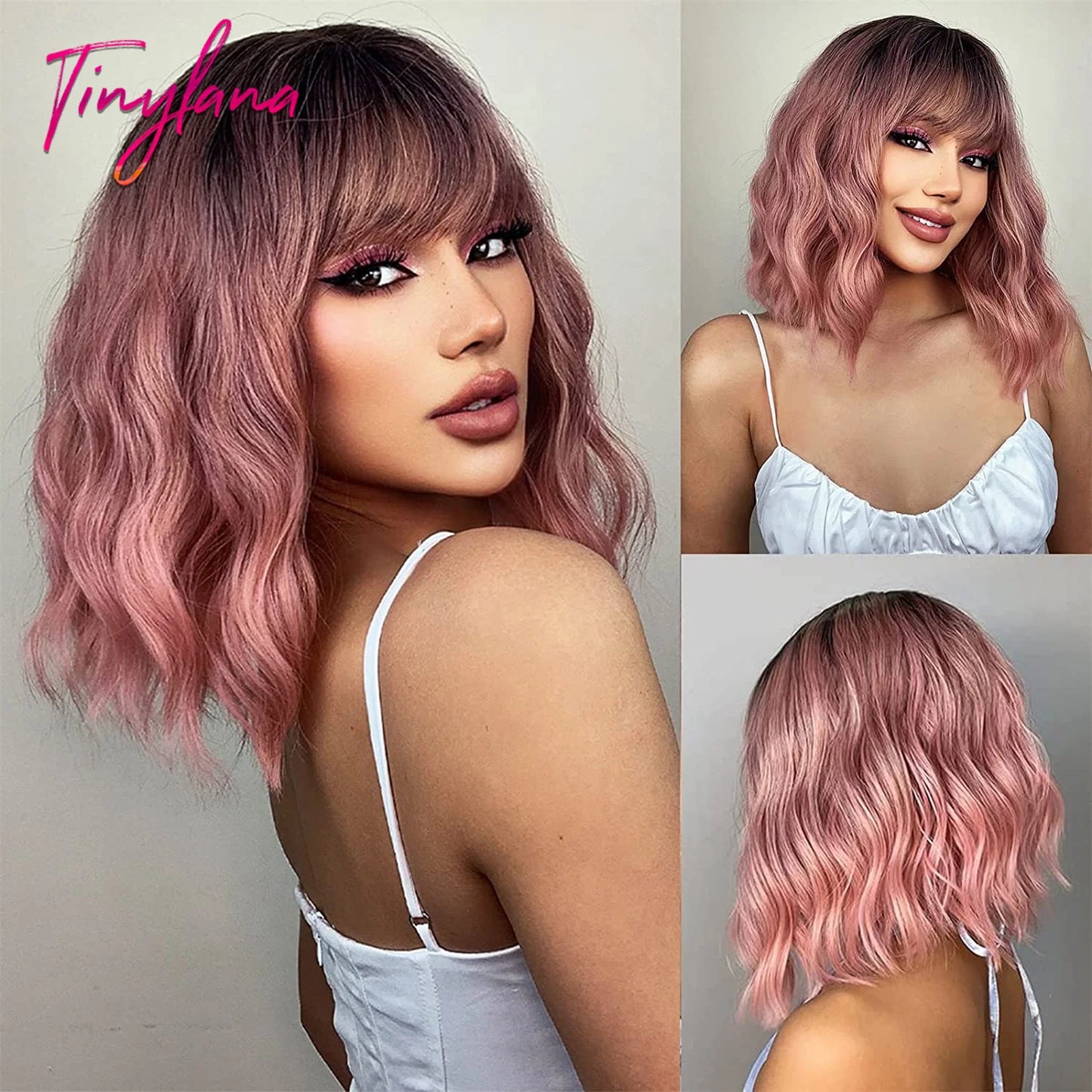 Curly Pink Purple Mixed Blue Wavy Synthetic Wigs with Bangs Short Bob Colorful Cosplay Wig