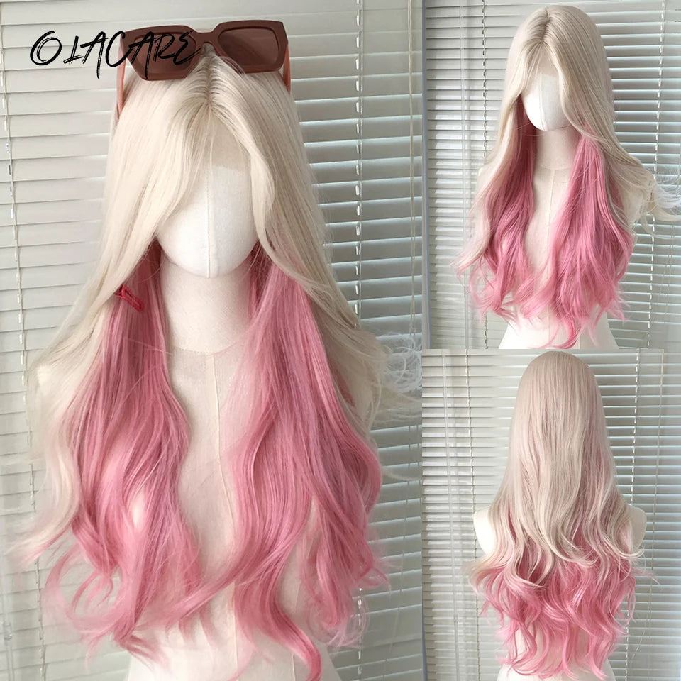 Long Curly Wave Wig with Bangs Blonde Biue Colorful Cosplay Wig for Women