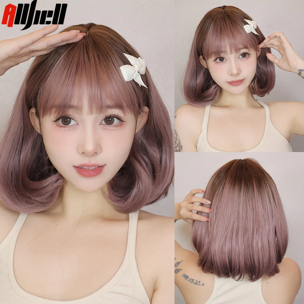 Short Curly Wavy Wigs with Bangs Deep Red Colorful Synthetic Wig Cosplay Hair for Women