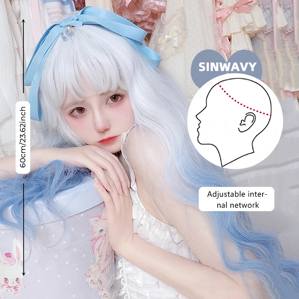 Long Curly Wave Wig with Bangs Blonde Biue Colorful Cosplay Wig for Women