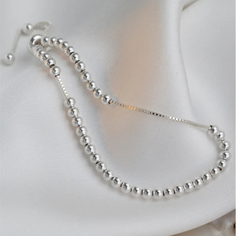 100% Solid 925 Sterling Silver Metal Bracelets for Women Men Beads Adjuatable Handmade
