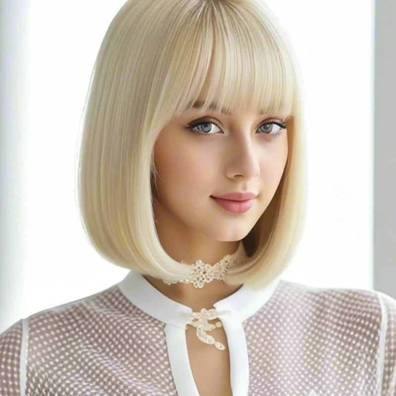 Luxurious 12” gold,color bangs synthetic wig with elegant, voluminous texture for everyday