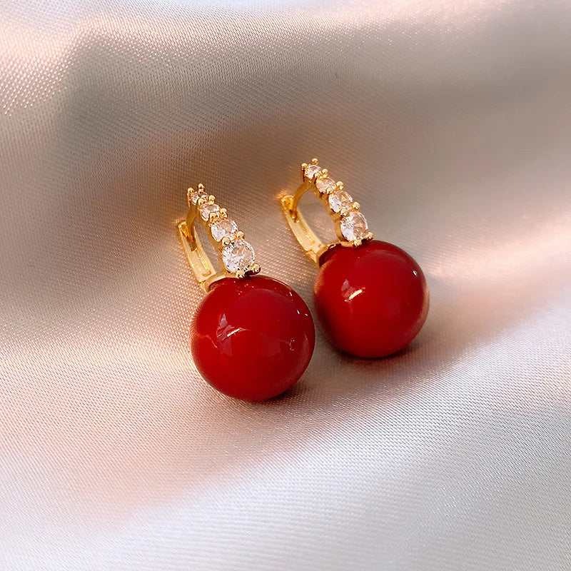 Delicate Red Round Bead Earrings Women's Fashion Inlaid Zircon Earrings Sweet Geometry Earrings