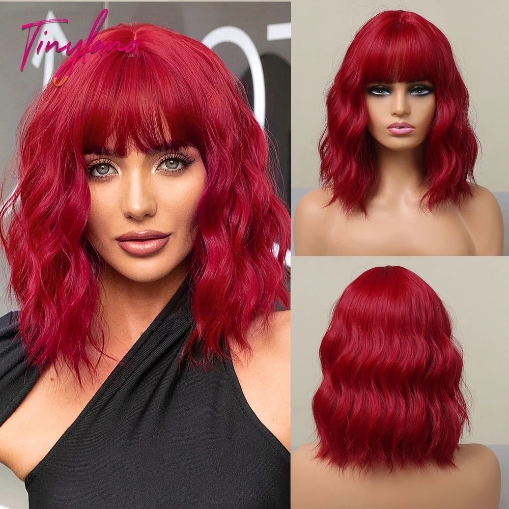 Curly Pink Purple Mixed Blue Wavy Synthetic Wigs with Bangs Short Bob Colorful Cosplay Wig
