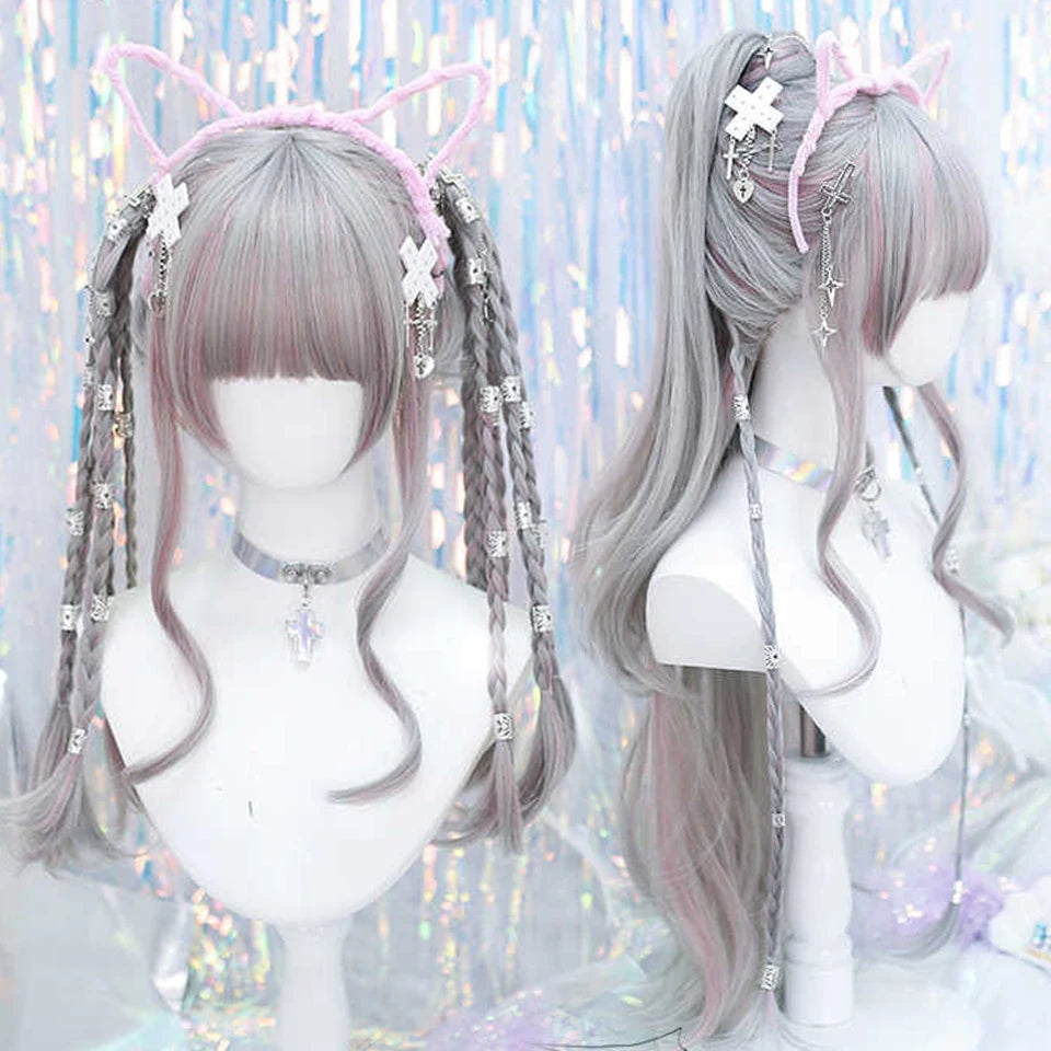 Long Curly Wave Wig with Bangs Blonde Biue Colorful Cosplay Wig for Women