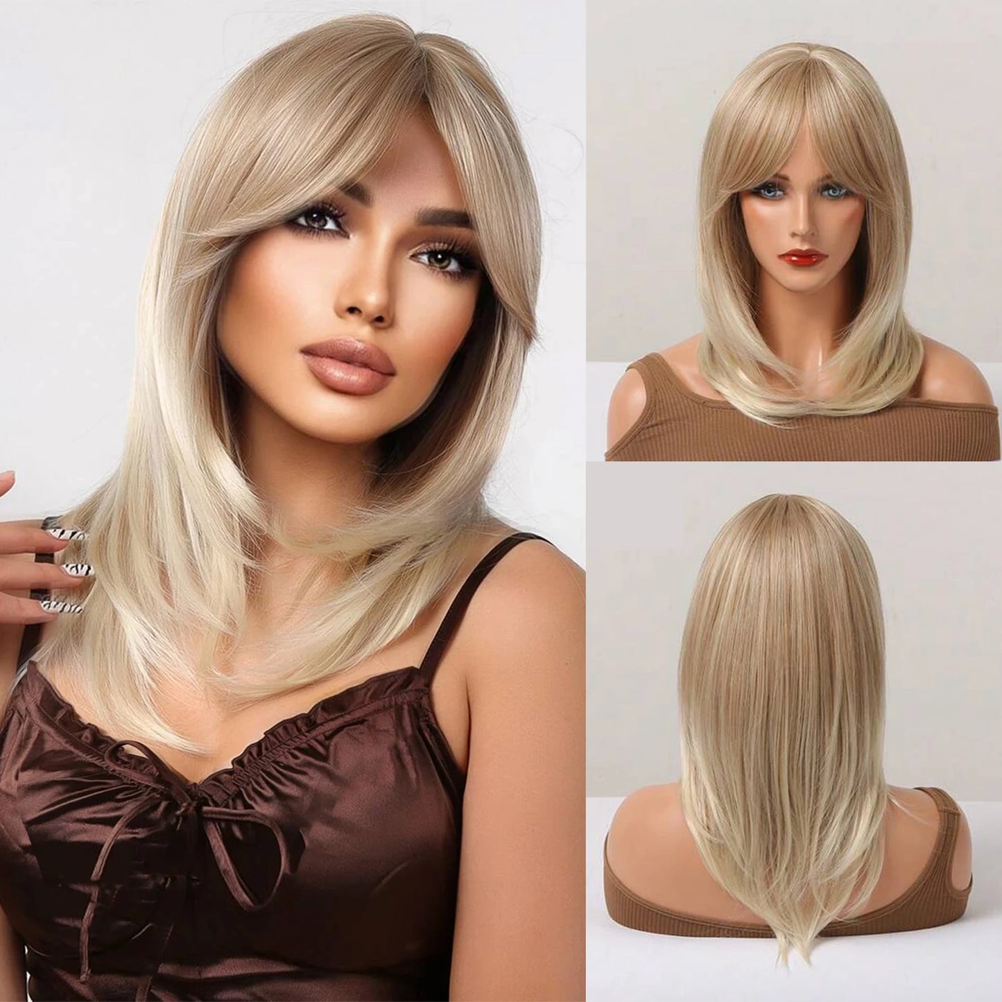 Ombre Color Blonde Wig with Bangs Long Straight Wigs for Women Synthetic Wig Dark Roots