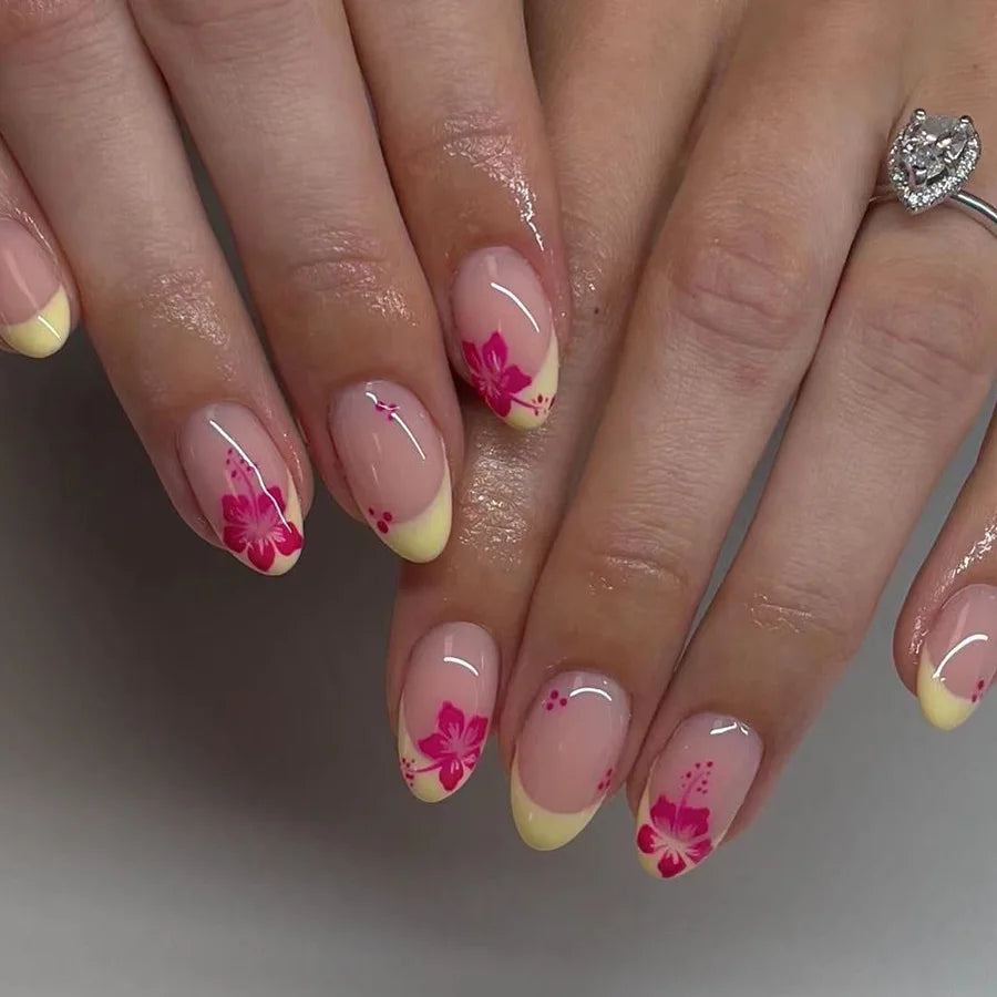 24Pcs Short Almond Press-On Nails Pink Floral French Tip Glossy&Elegant Full Cover Fake Nails