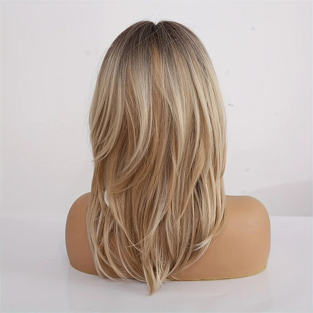 Ombre Color Blonde Wig with Bangs Long Straight Wigs for Women Synthetic Wig Dark Roots