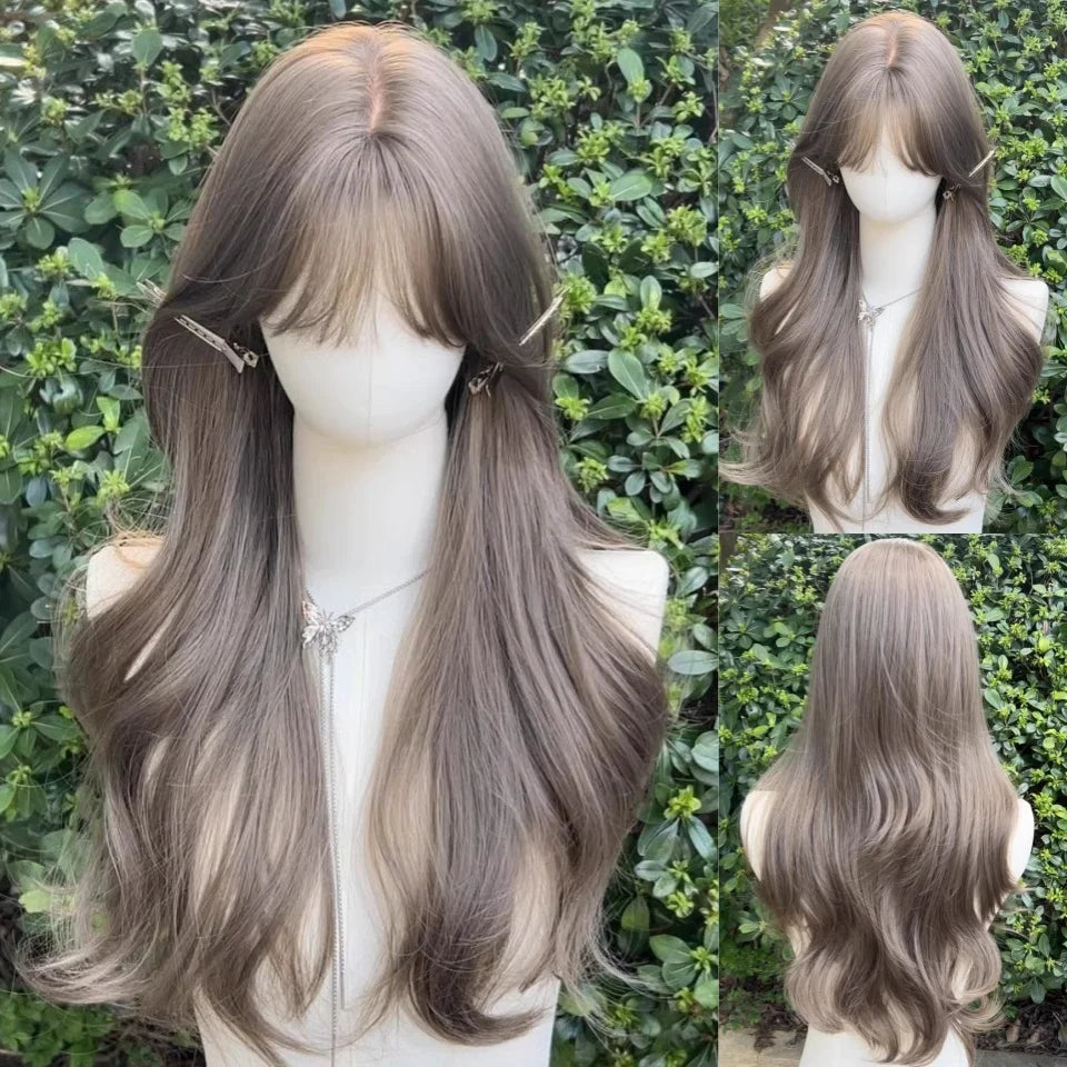 Long Curly Wave Wig with Bangs Blonde Biue Colorful Cosplay Wig for Women