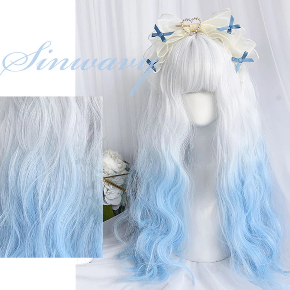 Long Curly Wave Wig with Bangs Blonde Biue Colorful Cosplay Wig for Women