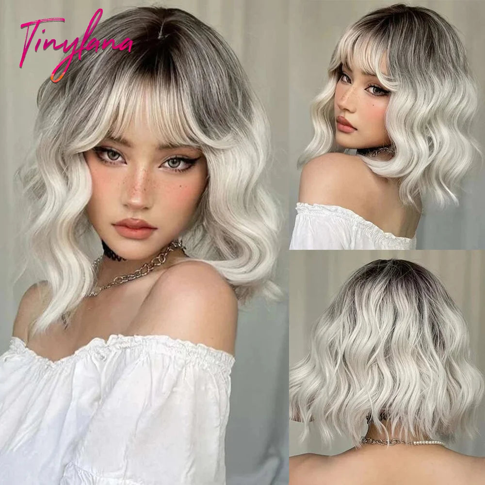 Curly Pink Purple Mixed Blue Wavy Synthetic Wigs with Bangs Short Bob Colorful Cosplay Wig