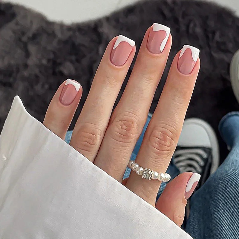 Nude Color Fake Nails for Women and Girls Short Round Head Press on Nails White French Tip