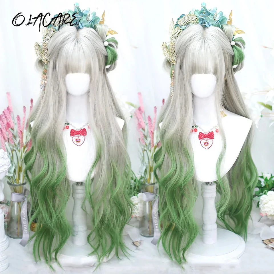 Long Curly Wave Wig with Bangs Blonde Biue Colorful Cosplay Wig for Women