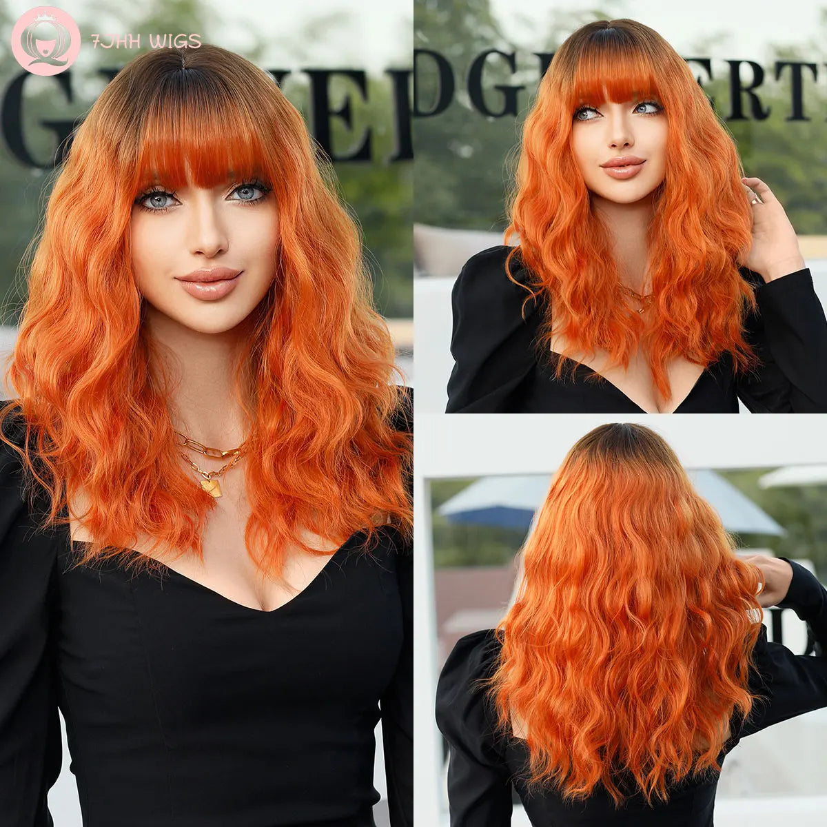 7JHH WIGS Dark Red Wigs for Women Burgundy Wavy Wig with Bangs Colorful Synthetic Ombre Red Wig