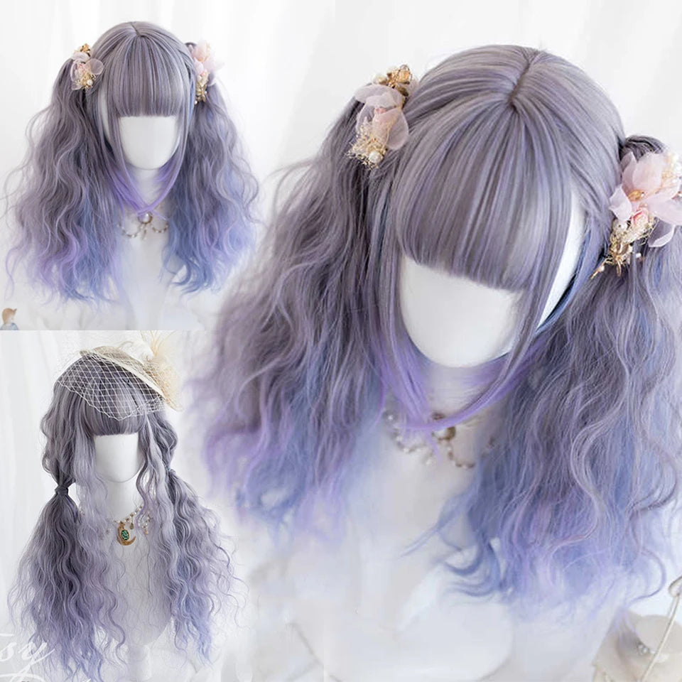 Long Curly Wave Wig with Bangs Blonde Biue Colorful Cosplay Wig for Women