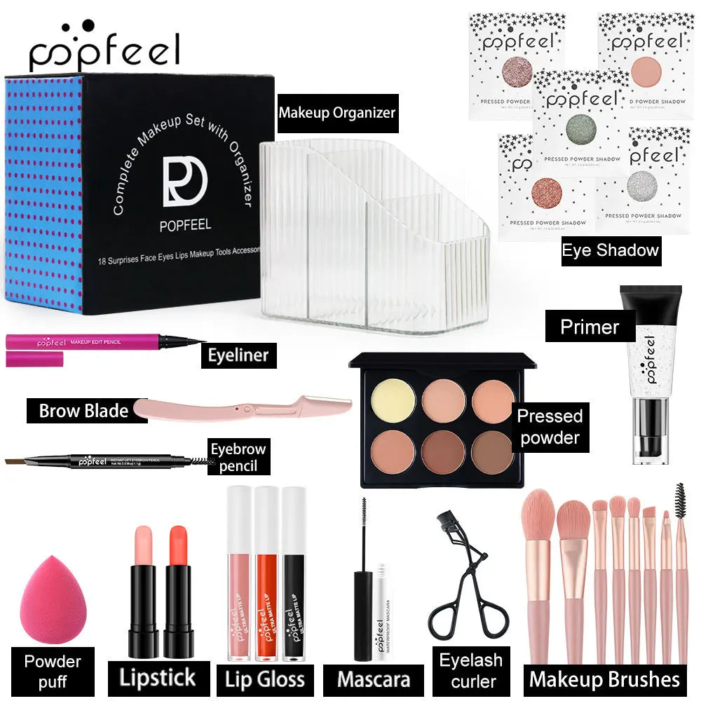 Makeup Kit Full Set All in One Eye Shadow Eyebrow Lipstick Mascara Contour Powder Brush Sets Gif