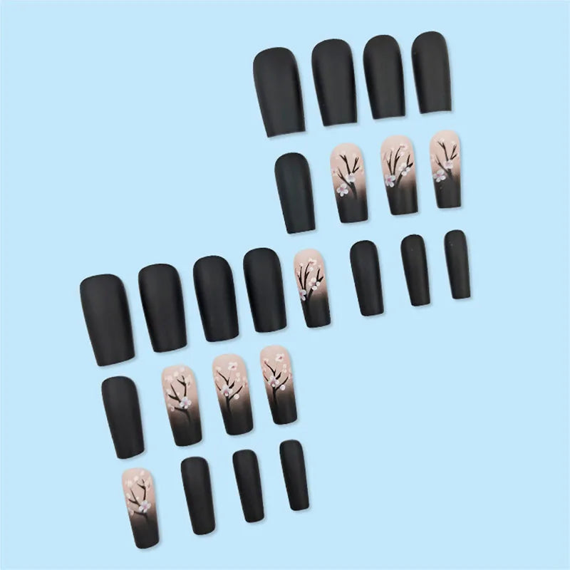 Square Fake Nails for Women DIY Pink Plum Blossom Designs French Press On Nails Wearable Full Cover