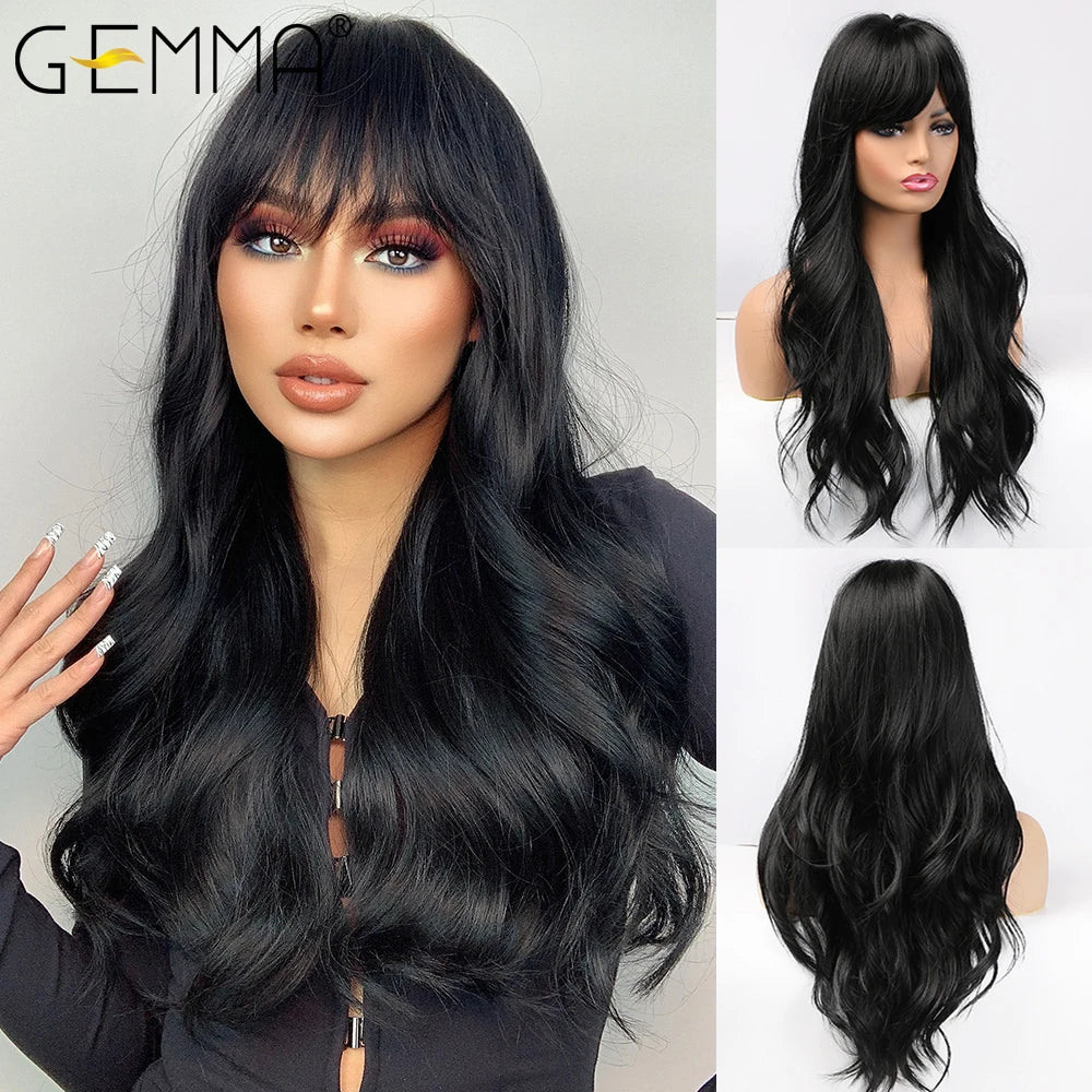 Synthetic Burgundy Long Wavy Wig Wine Red Colorful Cosplay Lolita Wigs with Bangs