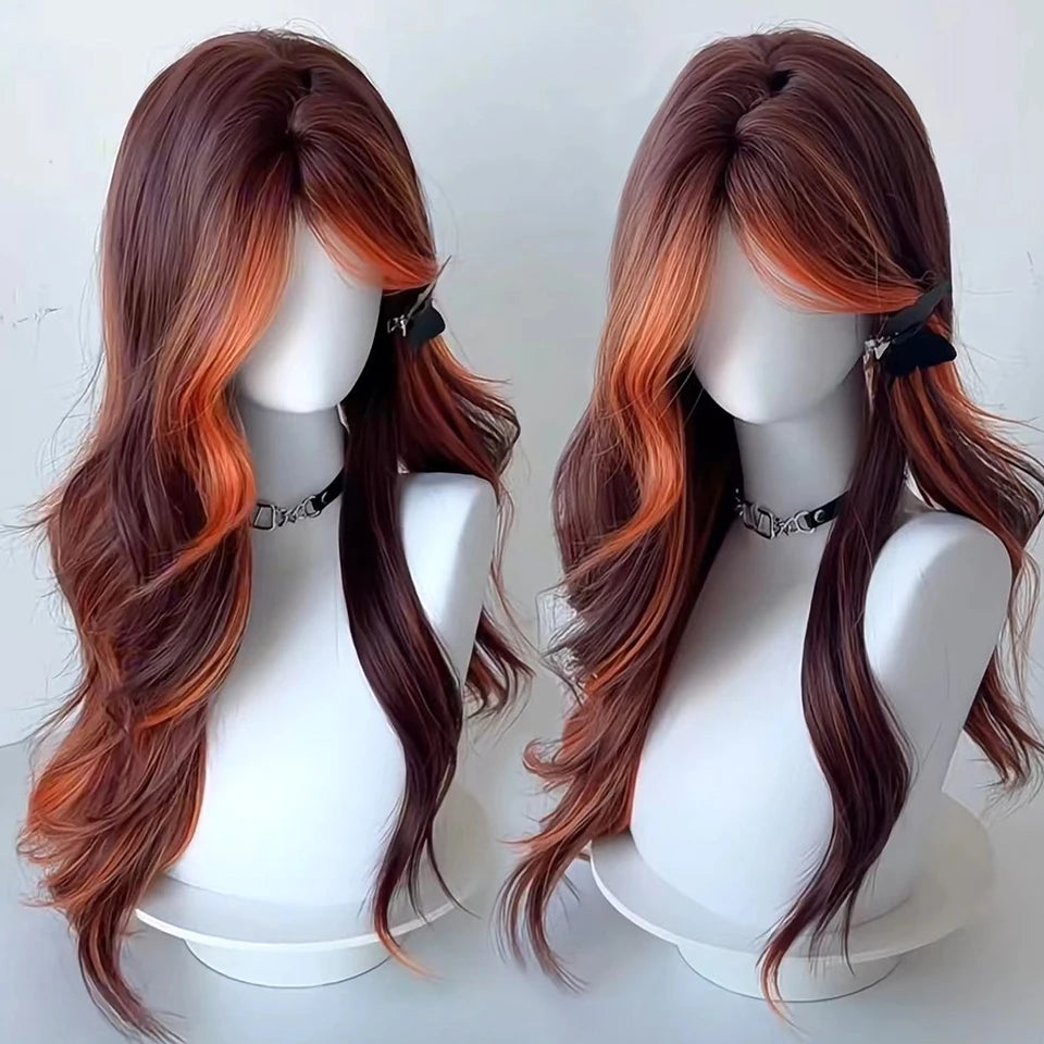 Long Curly Wave Wig with Bangs Blonde Biue Colorful Cosplay Wig for Women