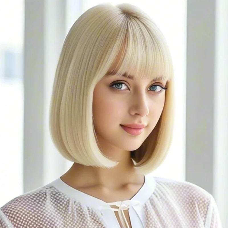 Luxurious 12” gold,color bangs synthetic wig with elegant, voluminous texture for everyday