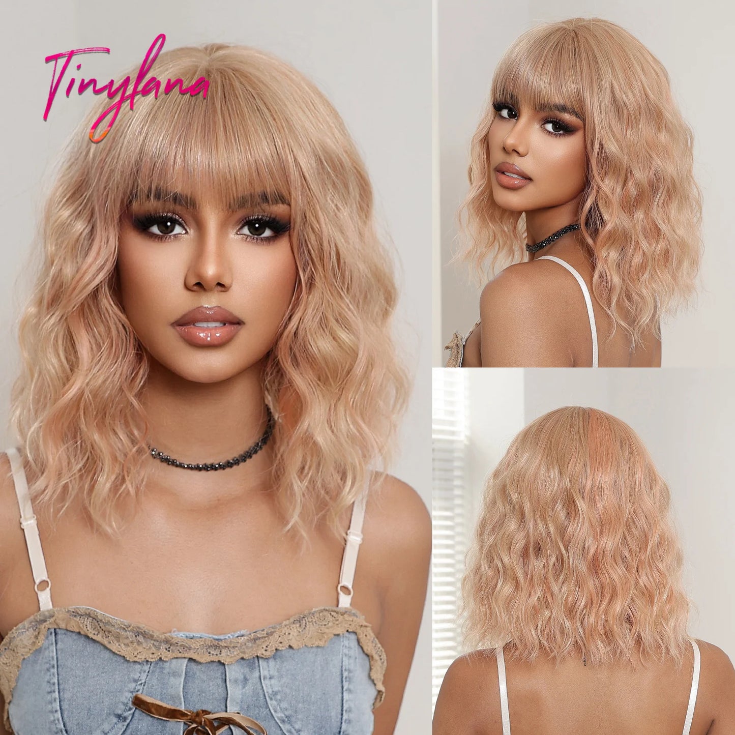 Curly Pink Purple Mixed Blue Wavy Synthetic Wigs with Bangs Short Bob Colorful Cosplay Wig