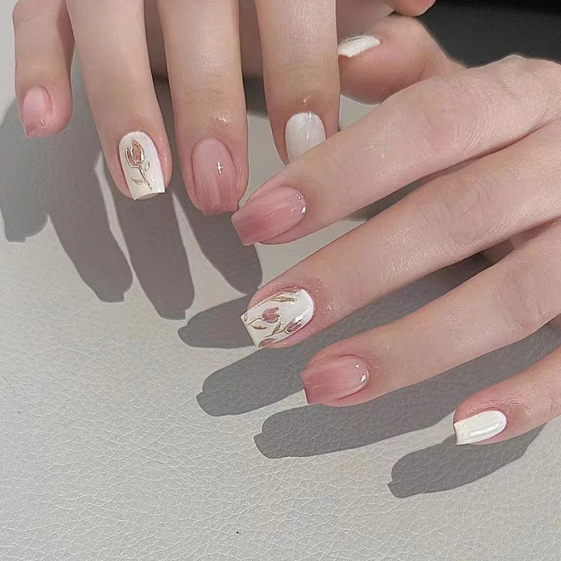 24Pcs Short Almond Press-On Nails Pink Floral French Tip Glossy&Elegant Full Cover Fake Nails
