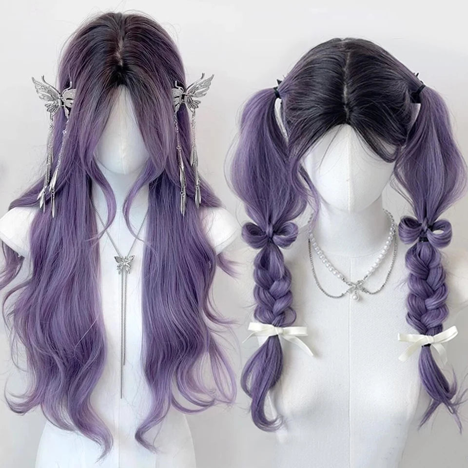 Long Curly Wave Wig with Bangs Blonde Biue Colorful Cosplay Wig for Women