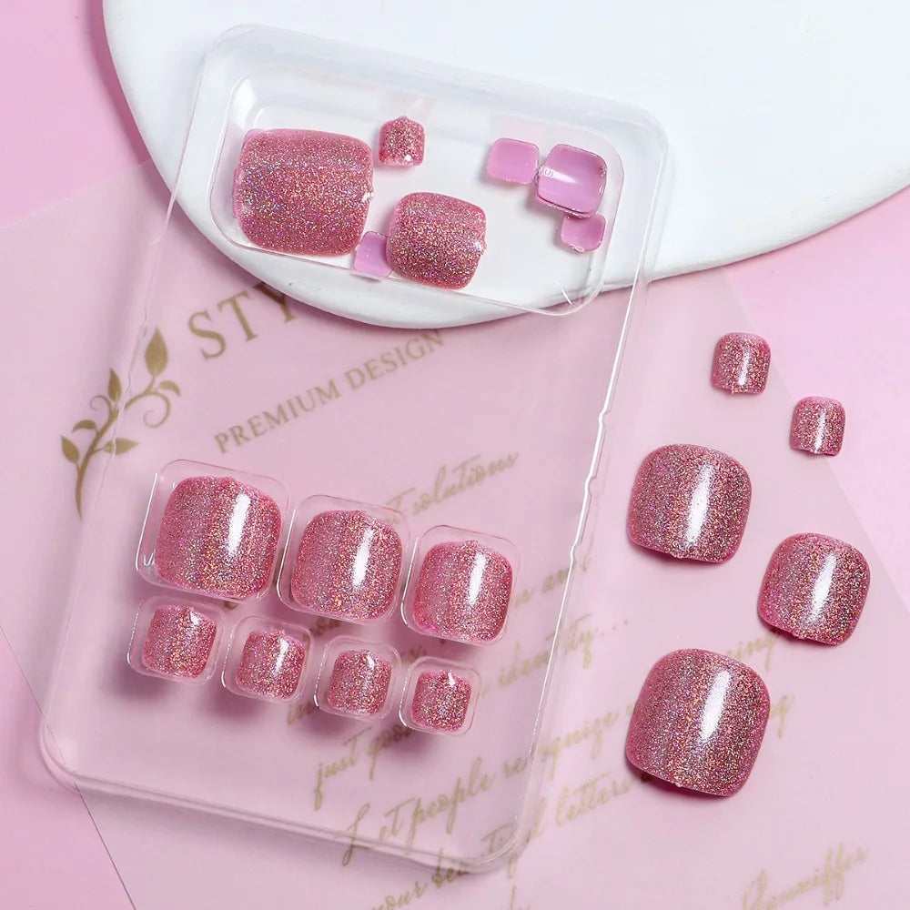 Wearable Manicure Fake Toenails Faux Fingernails Square Head Foot Nail Tips Short Length