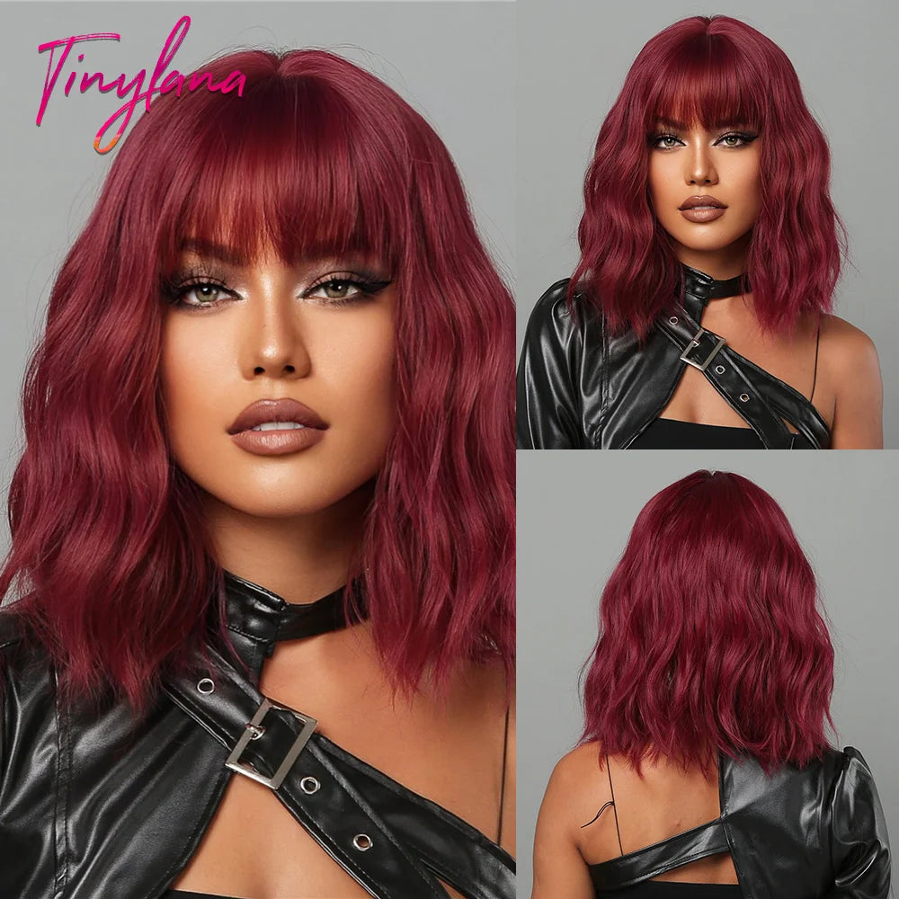 Curly Pink Purple Mixed Blue Wavy Synthetic Wigs with Bangs Short Bob Colorful Cosplay Wig