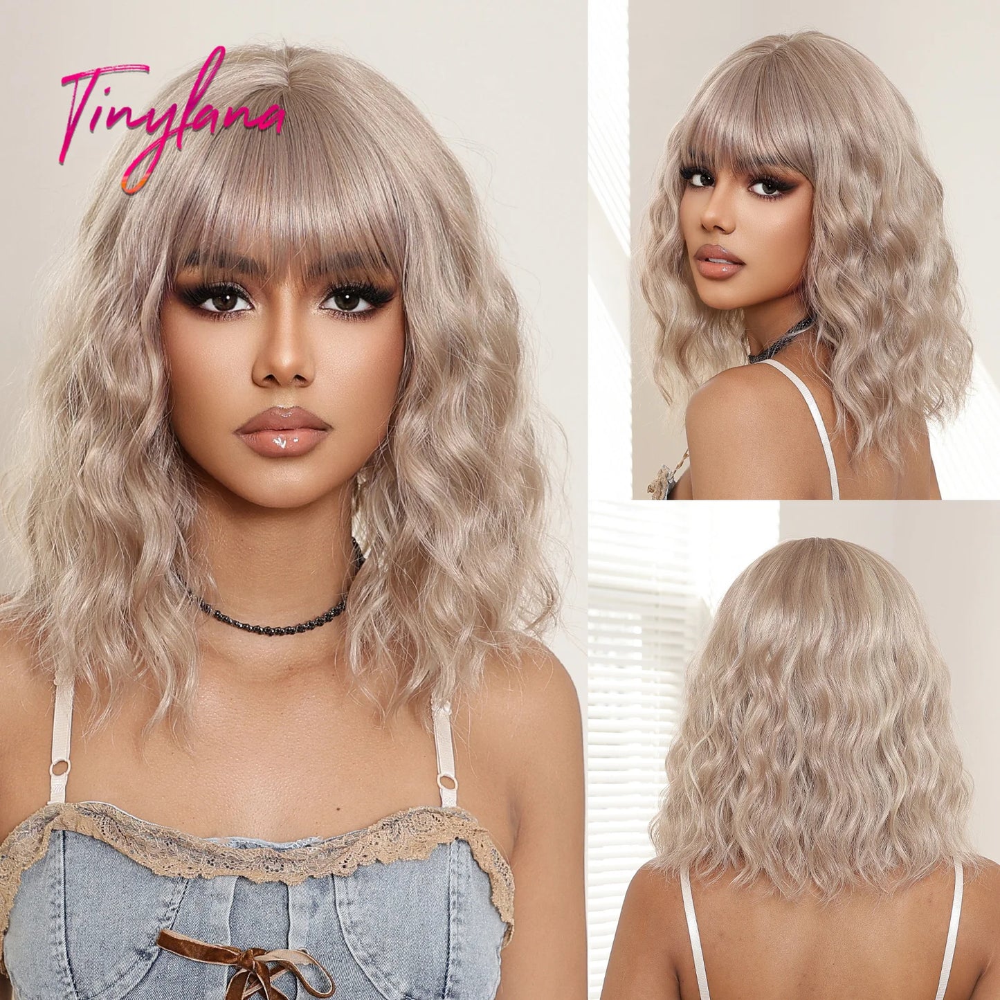 Curly Pink Purple Mixed Blue Wavy Synthetic Wigs with Bangs Short Bob Colorful Cosplay Wig