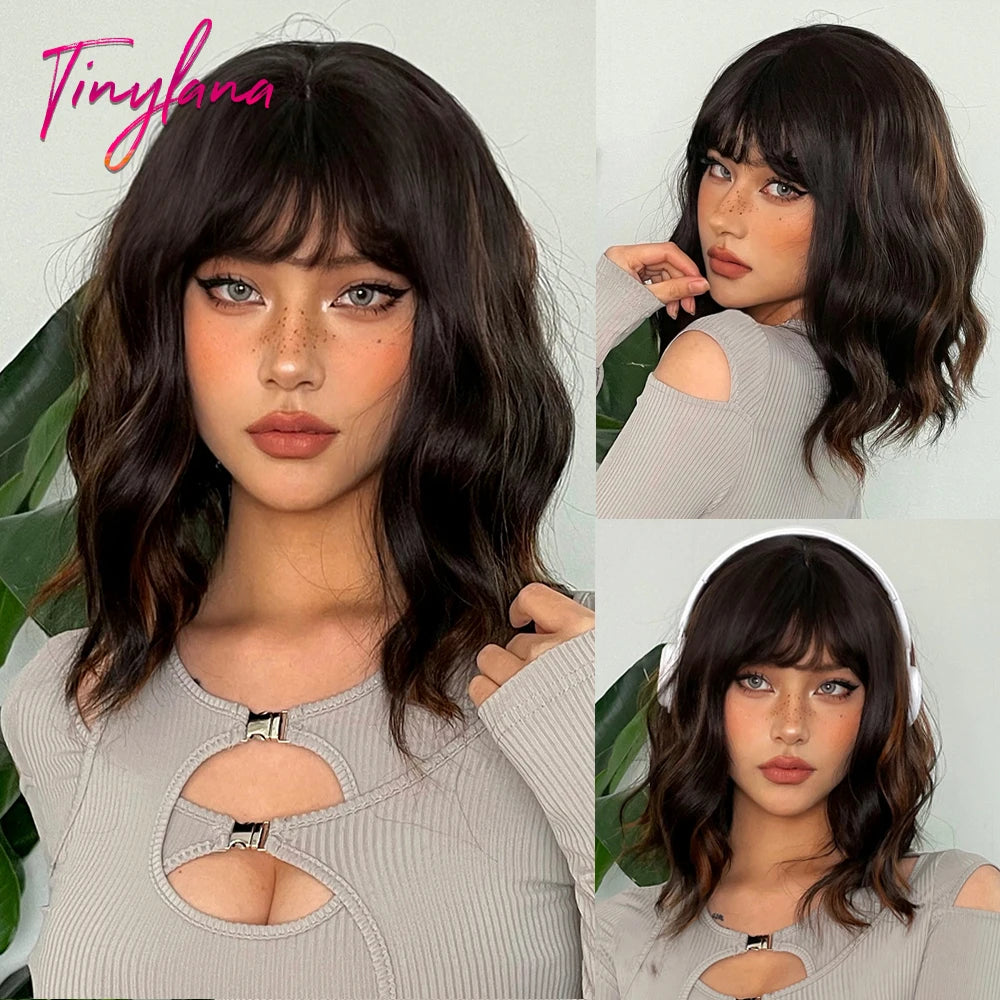 Curly Pink Purple Mixed Blue Wavy Synthetic Wigs with Bangs Short Bob Colorful Cosplay Wig