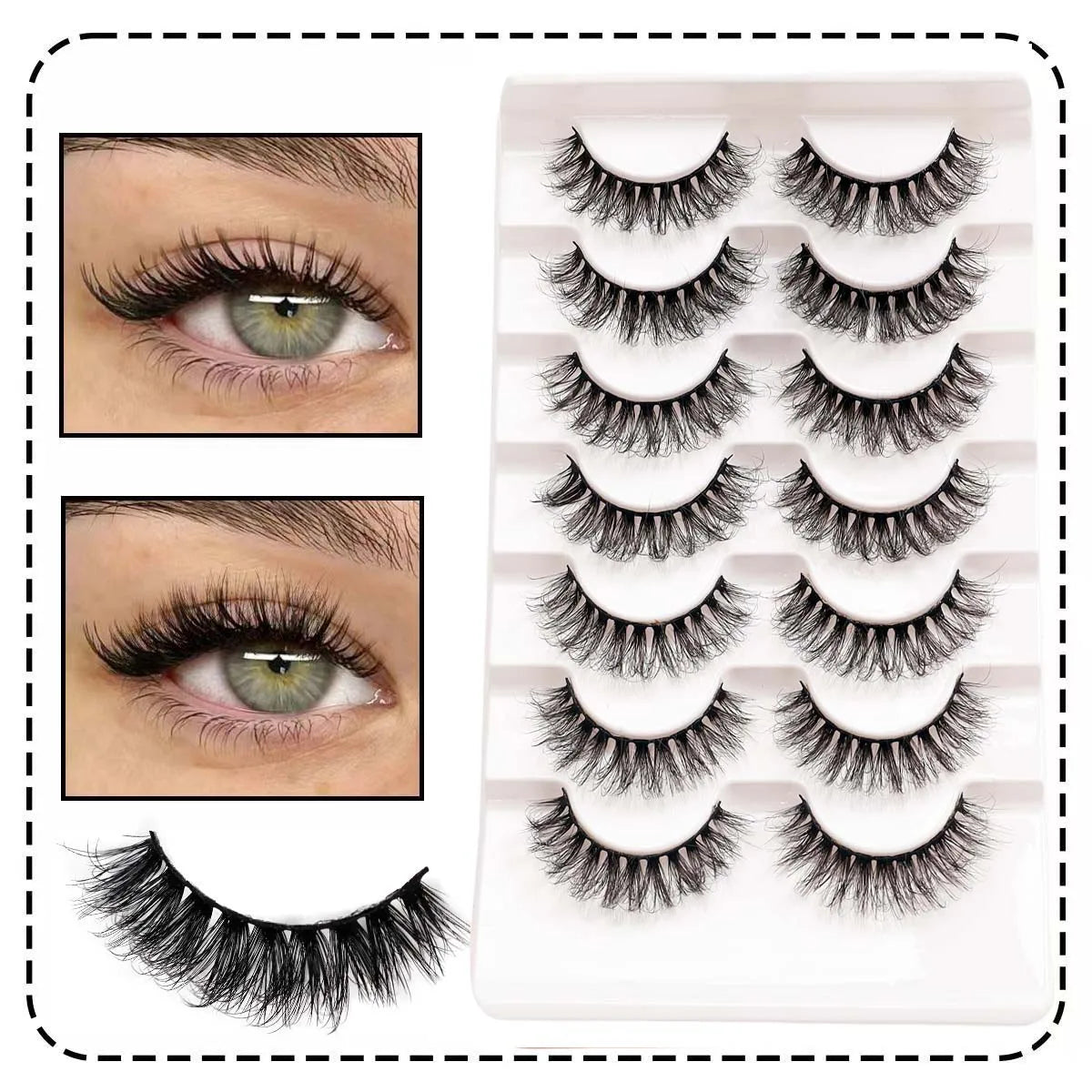 7 pairs of naturally soft false eyelashes with lightweight design, 3D curling, and D-shaped curling