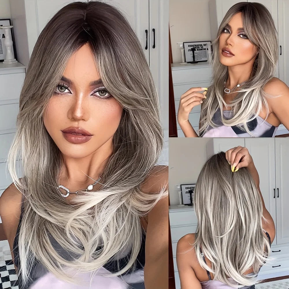 Ombre Color Blonde Wig with Bangs Long Straight Wigs for Women Synthetic Wig Dark Roots