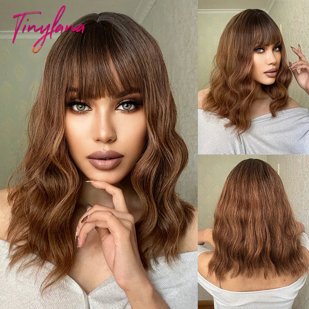 Curly Pink Purple Mixed Blue Wavy Synthetic Wigs with Bangs Short Bob Colorful Cosplay Wig
