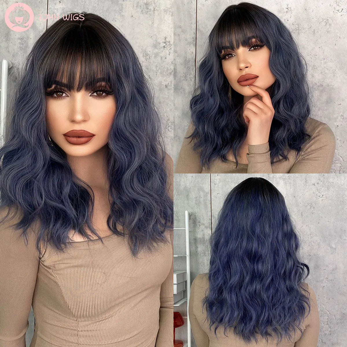 7JHH WIGS Dark Red Wigs for Women Burgundy Wavy Wig with Bangs Colorful Synthetic Ombre Red Wig
