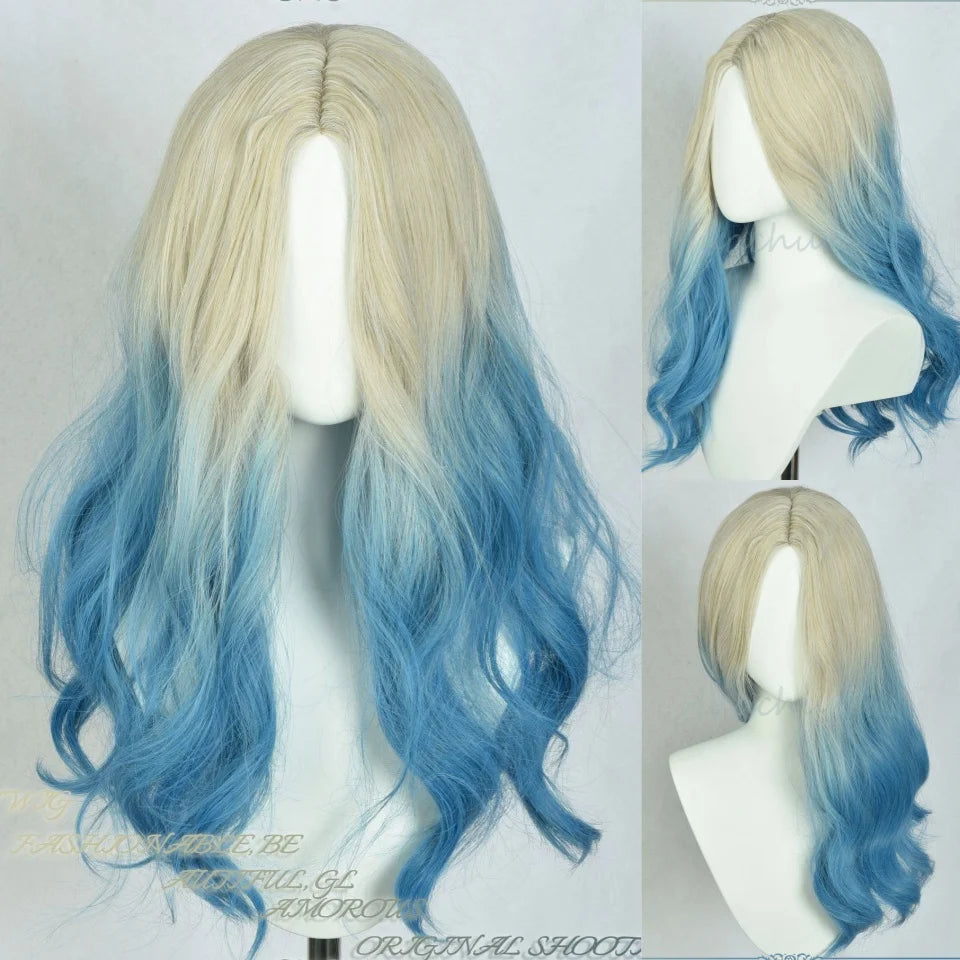 Long Curly Wave Wig with Bangs Blonde Biue Colorful Cosplay Wig for Women