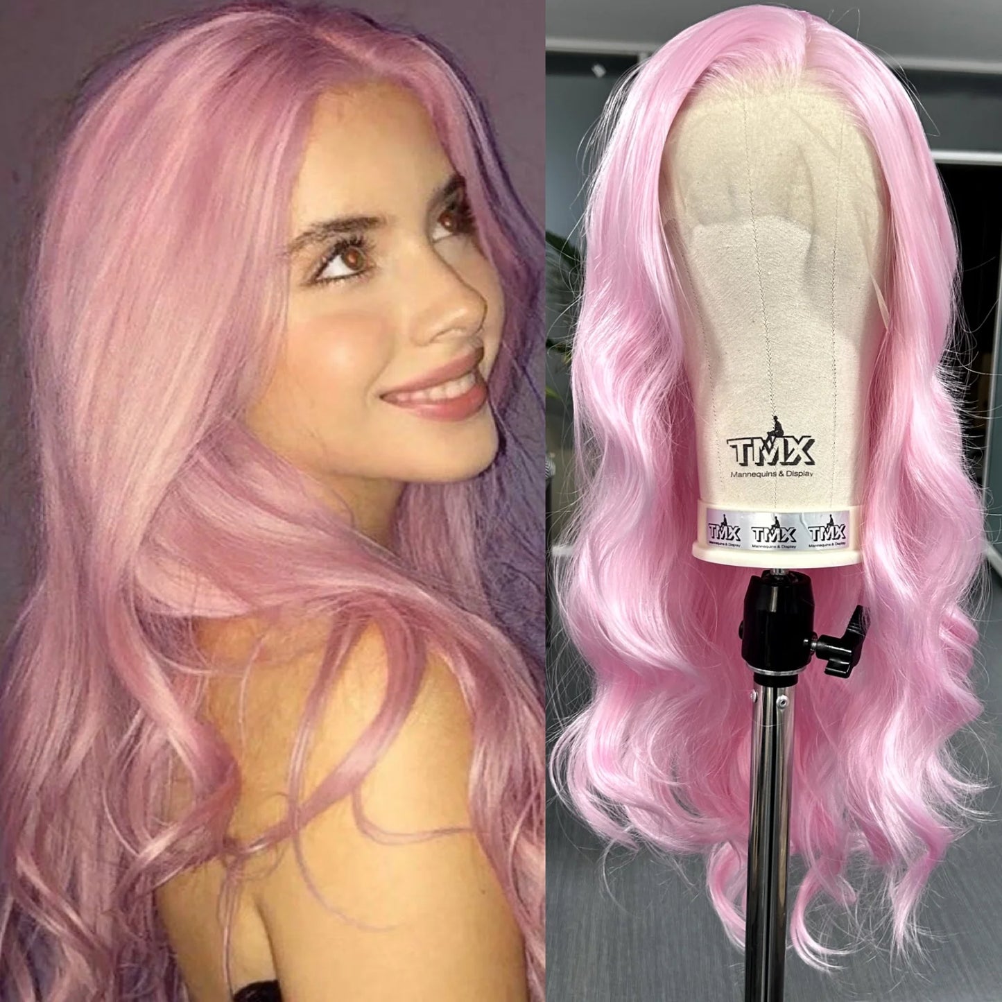 Long Pink Wavy Wigs for Women Synthetic Hair Free Part Body Wave Natural Curly Pastel Pink Colored Wigs