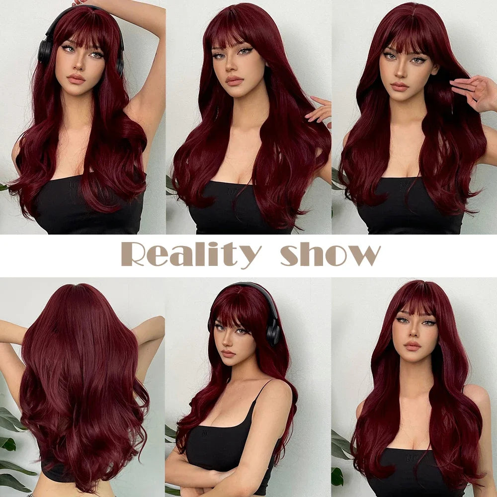Synthetic Burgundy Long Wavy Wig Wine Red Colorful Cosplay Lolita Wigs with Bangs
