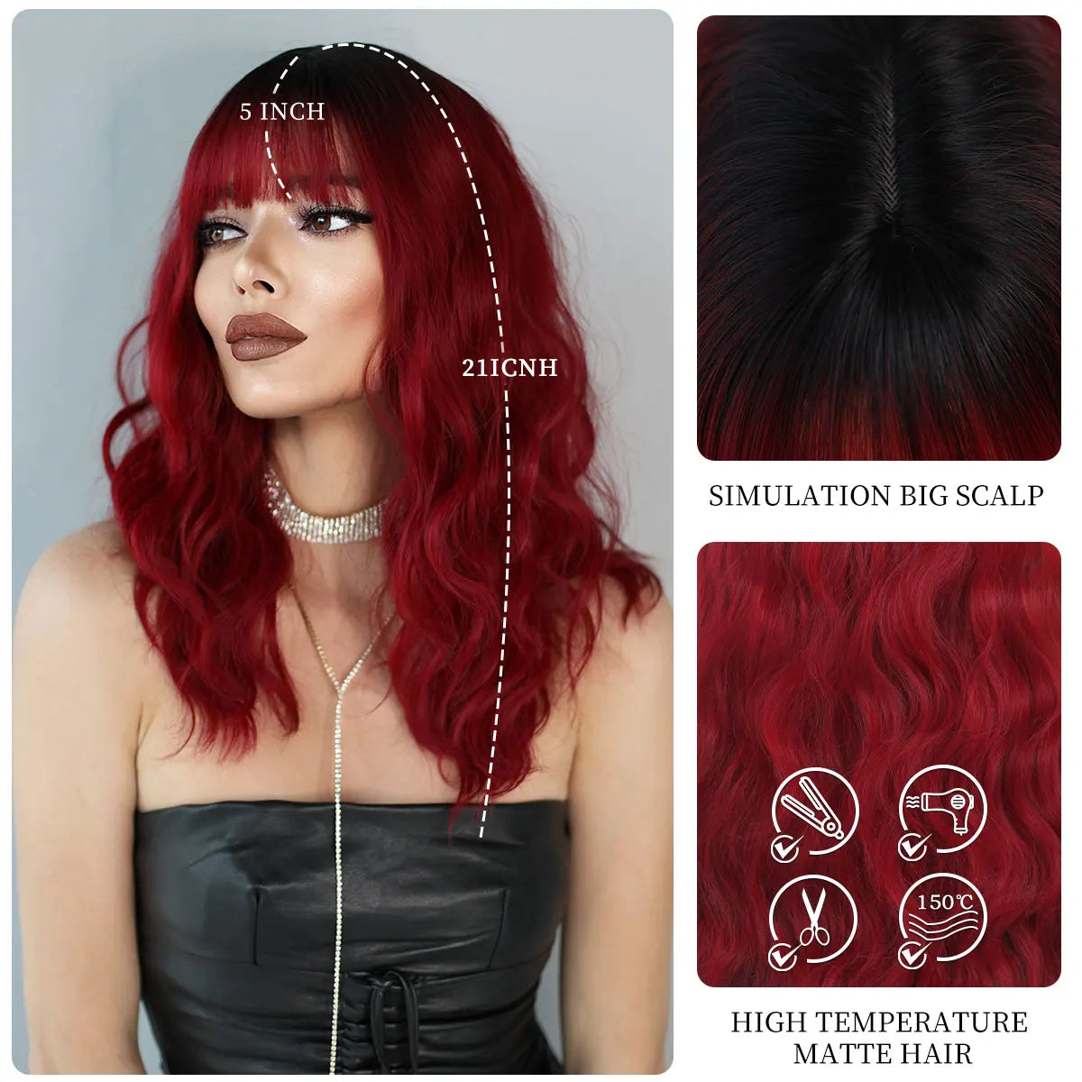 7JHH WIGS Dark Red Wigs for Women Burgundy Wavy Wig with Bangs Colorful Synthetic Ombre Red Wig