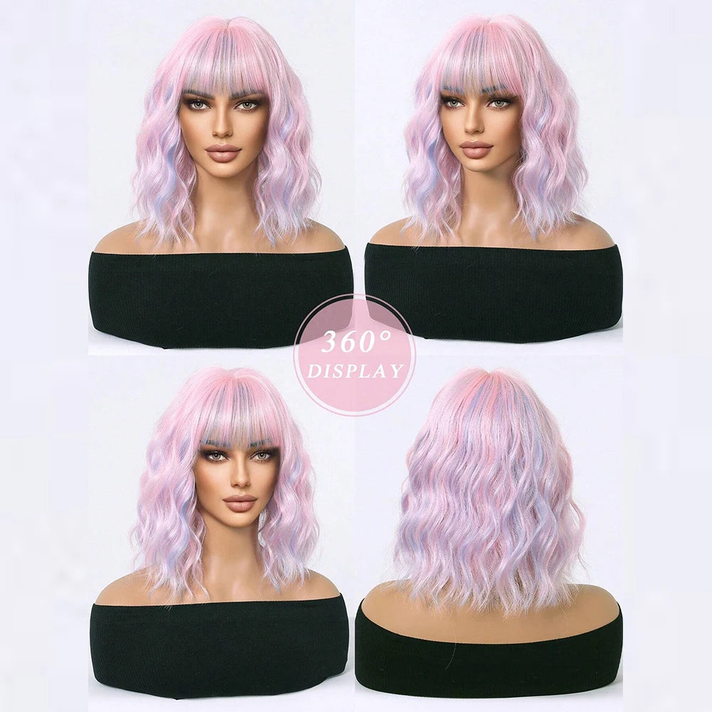 Curly Pink Purple Mixed Blue Wavy Synthetic Wigs with Bangs Short Bob Colorful Cosplay Wig