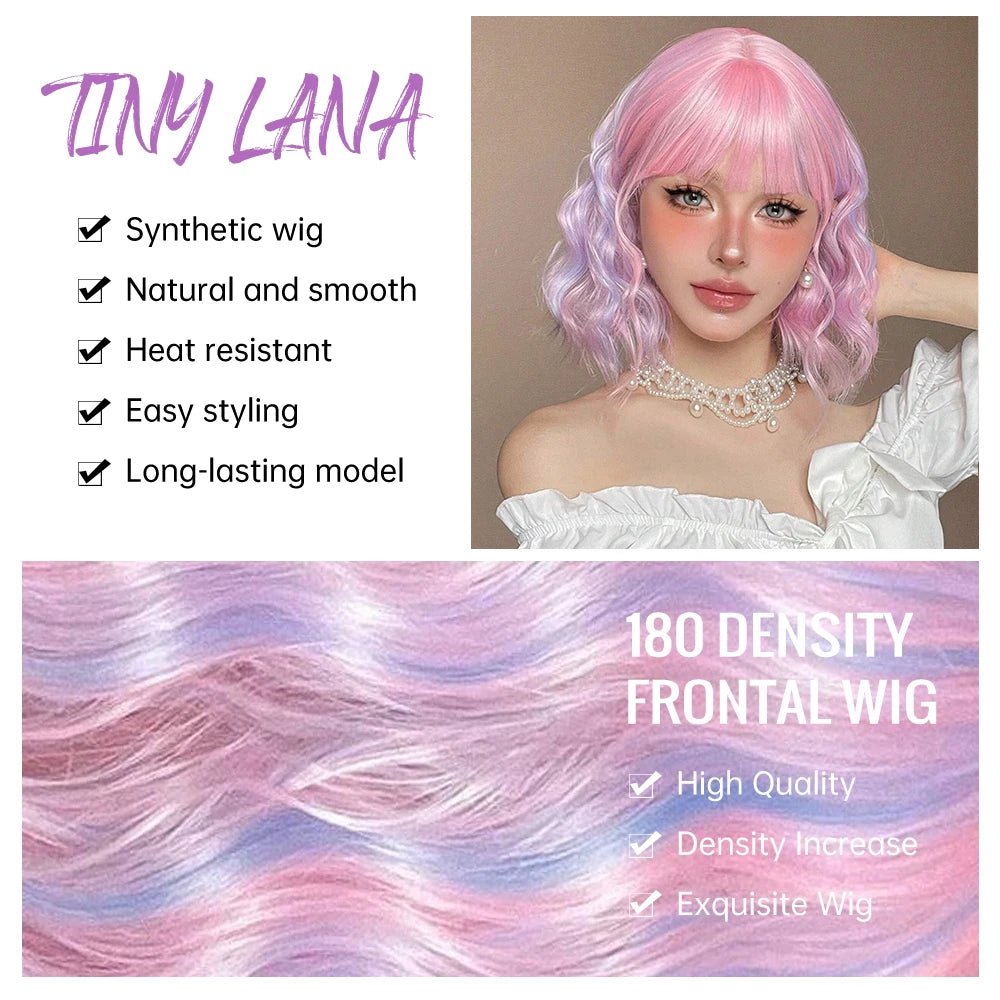 Curly Pink Purple Mixed Blue Wavy Synthetic Wigs with Bangs Short Bob Colorful Cosplay Wig