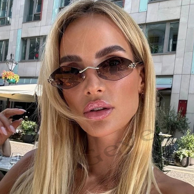 Fashion Small Polygonal Sunglasses for Women Luxury Brand Rmless Brown Rhombus Sun Glasses