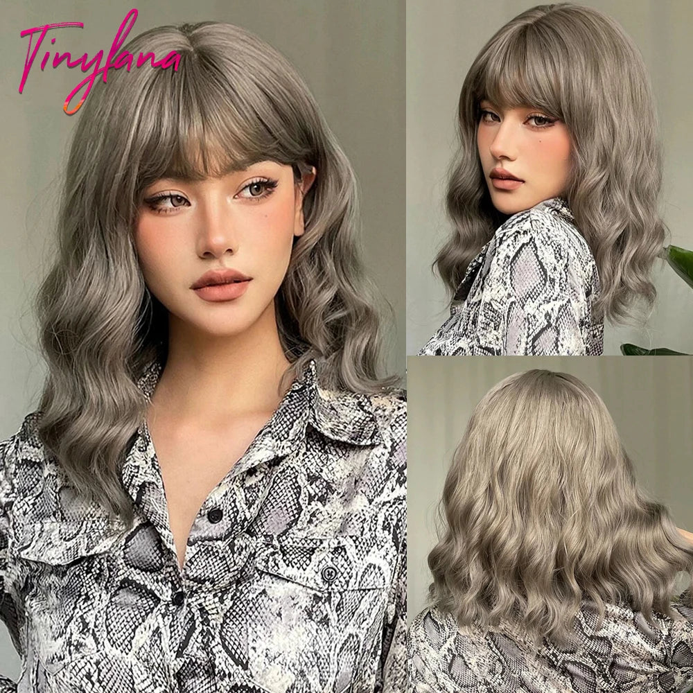 Curly Pink Purple Mixed Blue Wavy Synthetic Wigs with Bangs Short Bob Colorful Cosplay Wig