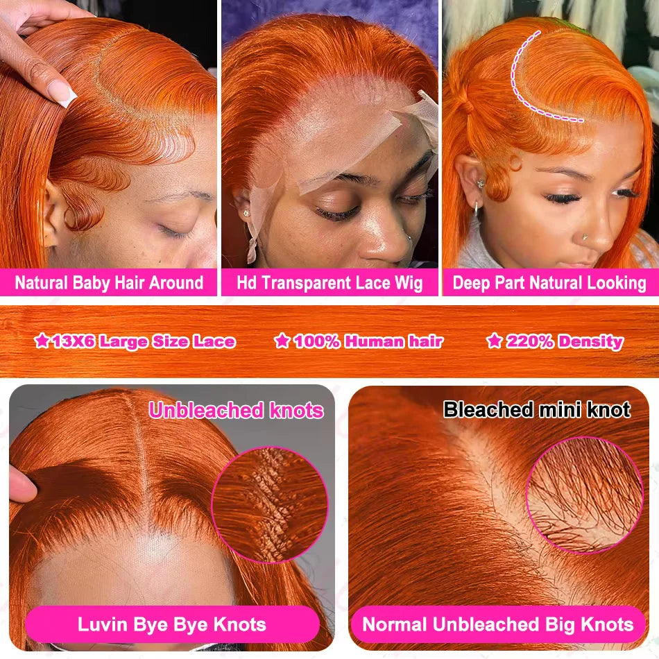 200% 30 40 Inch Ginger Orange Bone Straight 13x6 Lace Front Human Hair Wig 13x4 HD Transparent Lace Frontal Wigs