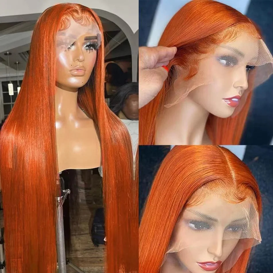 200% 30 40 Inch Ginger Orange Bone Straight 13x6 Lace Front Human Hair Wig 13x4 HD Transparent Lace Frontal Wigs