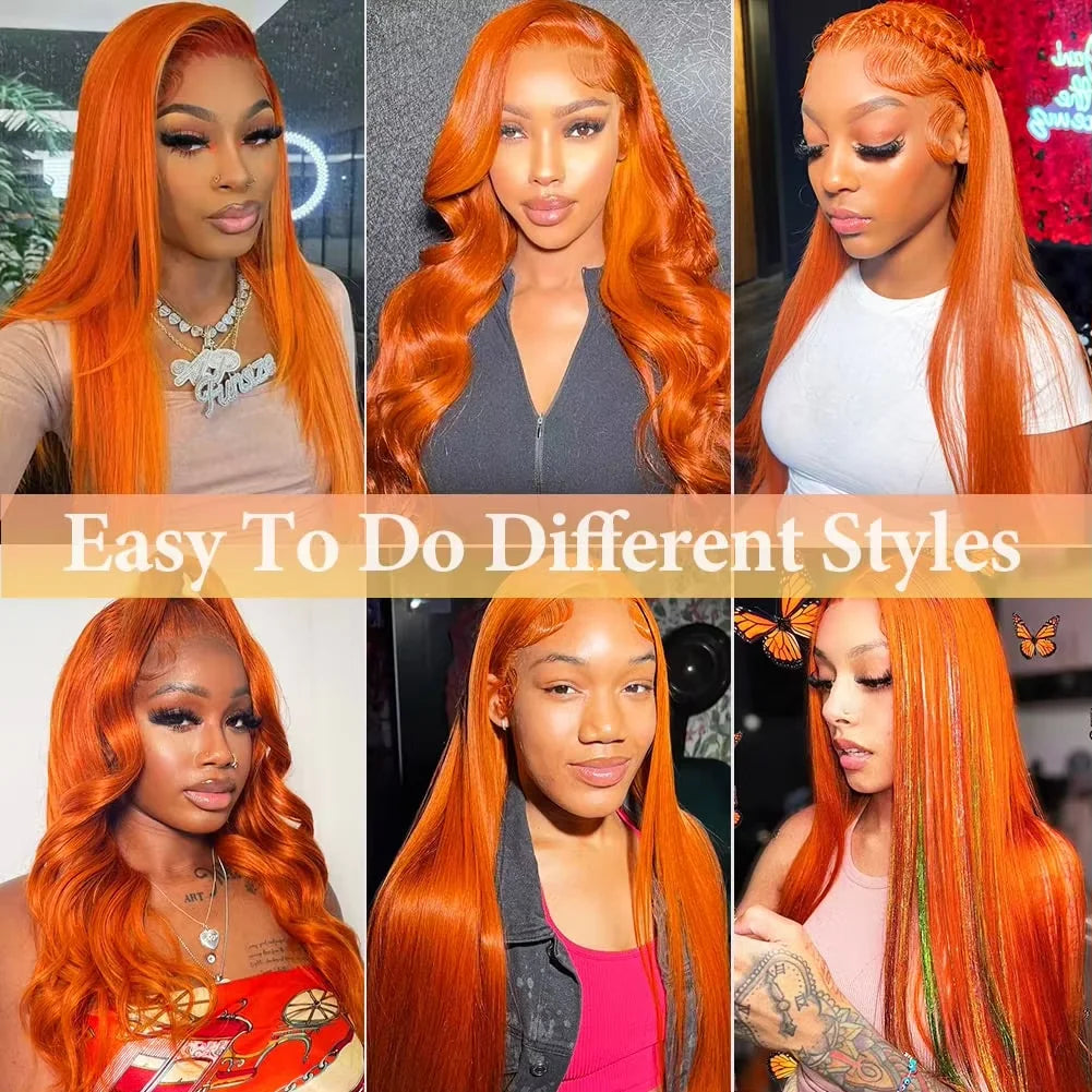 200% 30 40 Inch Ginger Orange Bone Straight 13x6 Lace Front Human Hair Wig 13x4 HD Transparent Lace Frontal Wigs