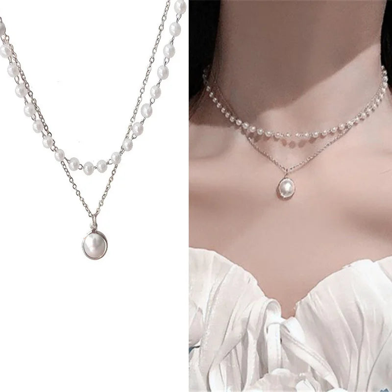 New Korean Pearl Necklaces for Women Gold Color Link Chain Choker Fashion Neck Accessories
