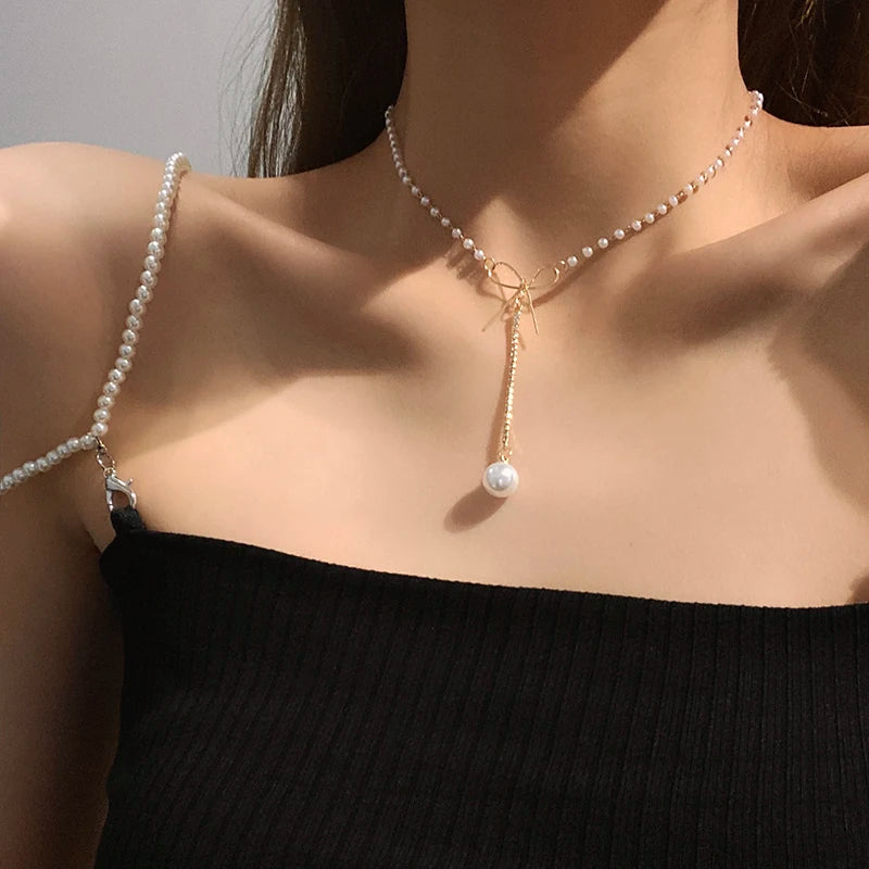 New Korean Pearl Necklaces for Women Gold Color Link Chain Choker Fashion Neck Accessories