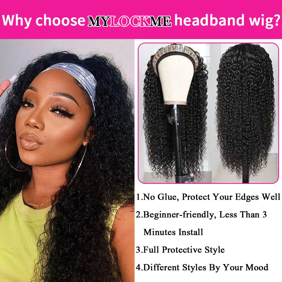 Headband Wig Human Hair Kinky Curly MYLOCKME No Glue Full Machine Made Brazilian Remy Human Hair Wigs