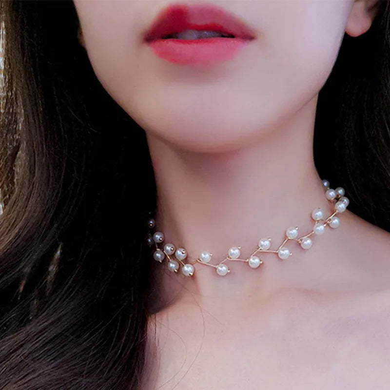 New Korean Pearl Necklaces for Women Gold Color Link Chain Choker Fashion Neck Accessories